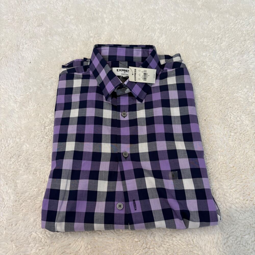 Express Mens Extra Slim Purple Plaid Button Down S Preppy Business Career Wear